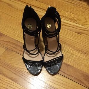 strappy faux snake heels
